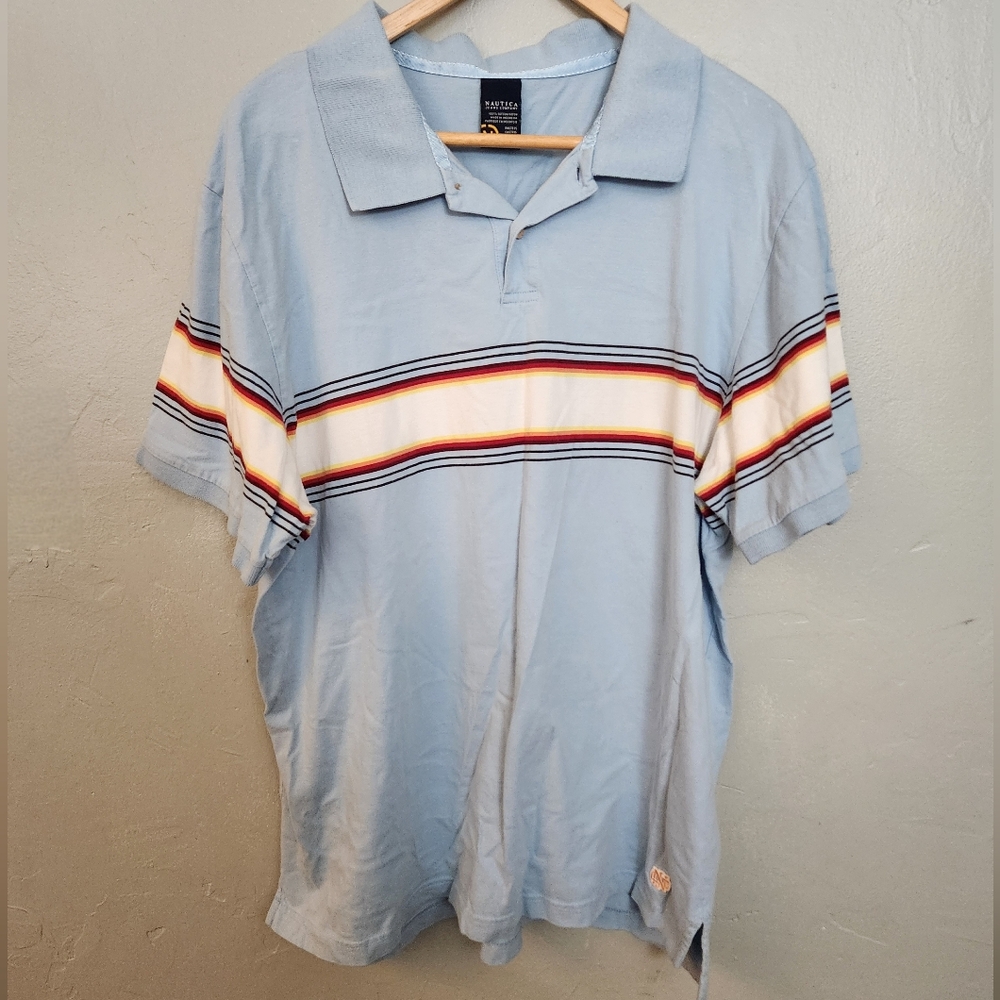 Vintage 1990s Blue Cotton Stripe Chest Polo T-Shirt By Nautica NOS